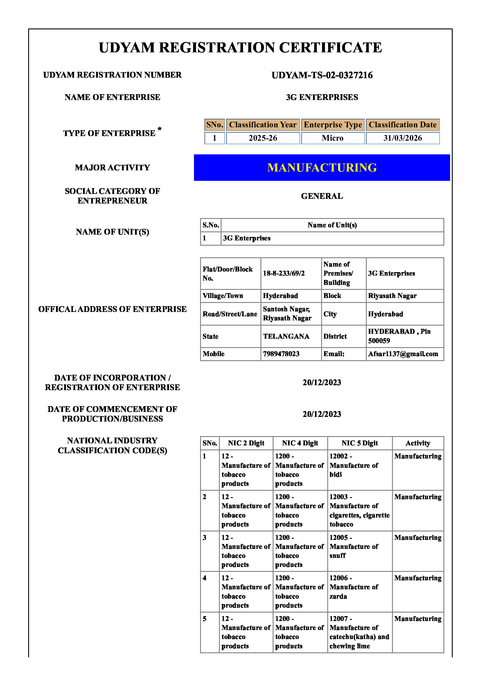 Udyam Registration Certificate — 3G Enterprises